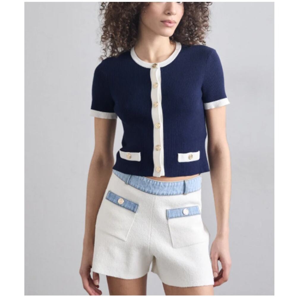 Maje Women's Marine Ecru Mirollsy Cardigan Top Size 3 Large